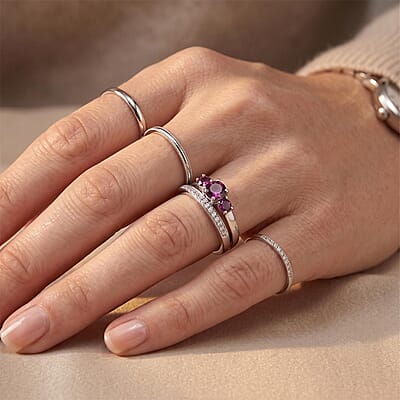 D'Joy Radiant Ember Garnet and Moissanite 1.10 ctw Set of 2 Ring in Rhodium Over Sterling Silver (Size 6.00)