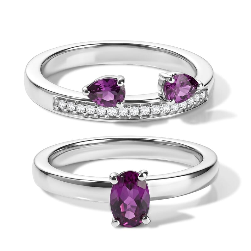 D'Joy Radiant Ember Garnet and Moissanite 1.10 ctw Set of 2 Ring in Rhodium Over Sterling Silver (Size 6.00)