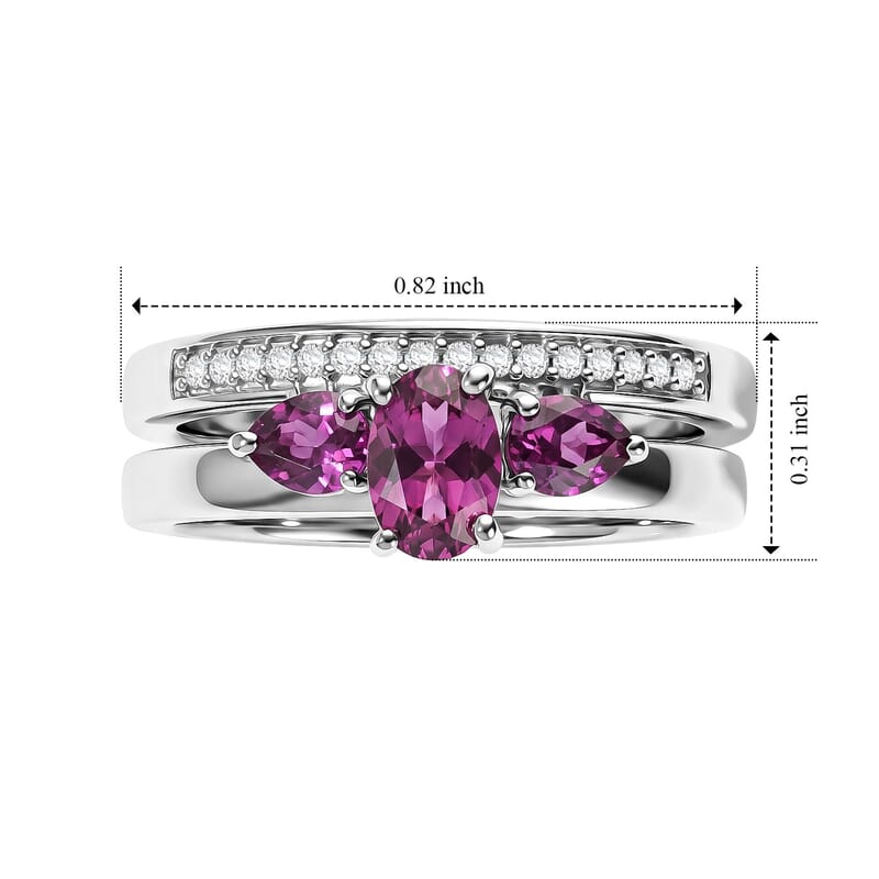 D'Joy Radiant Ember Garnet and Moissanite 1.10 ctw Set of 2 Ring in Rhodium Over Sterling Silver (Size 6.00)