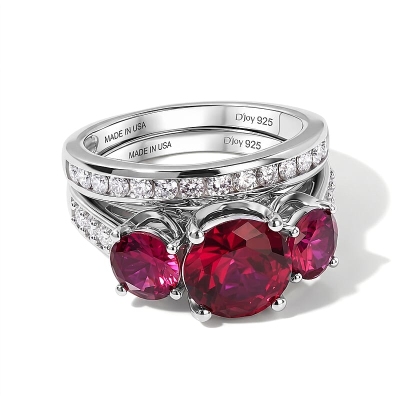 D'Joy Lab Grown Ruby and Moissanite 6.15 ctw Set of 2 Ring in Rhodium Over Sterling Silver (Size 6)