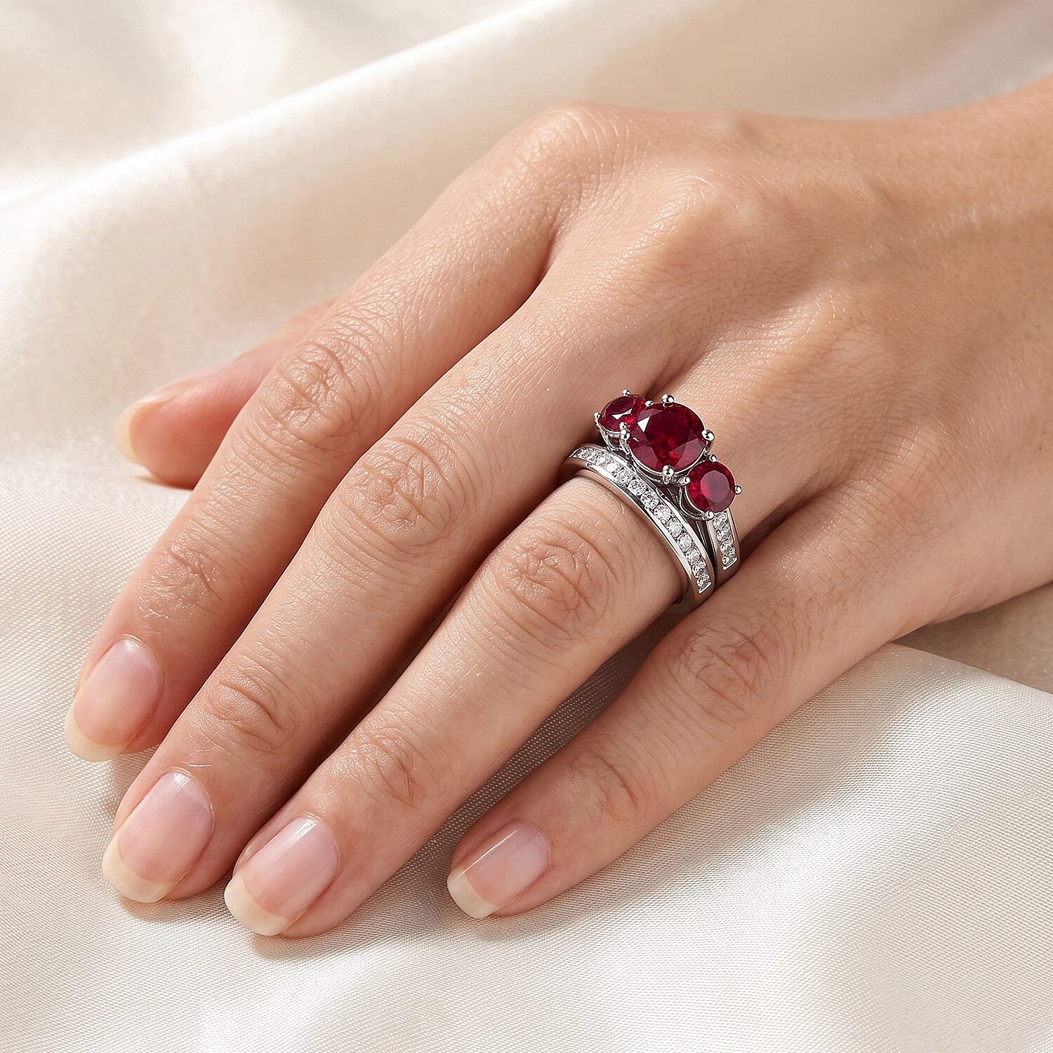 D'Joy Lab Grown Ruby and Moissanite 6.15 ctw Set of 2 Ring in Rhodium Over Sterling Silver (Size 6)