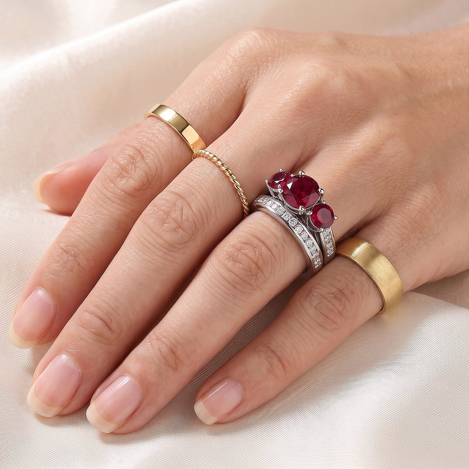 D'Joy Lab Grown Ruby and Moissanite 6.15 ctw Set of 2 Ring in Rhodium Over Sterling Silver (Size 6)
