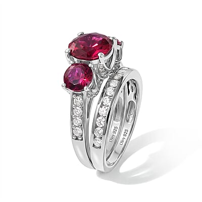 D'Joy Lab Grown Ruby and Moissanite 6.15 ctw Set of 2 Ring in Rhodium Over Sterling Silver (Size 6)
