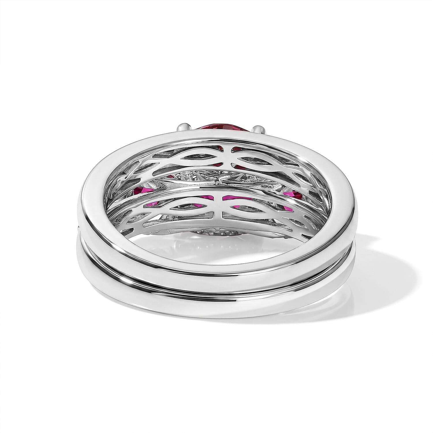 D'Joy Lab Grown Ruby and Moissanite 6.15 ctw Set of 2 Ring in Rhodium Over Sterling Silver (Size 6)