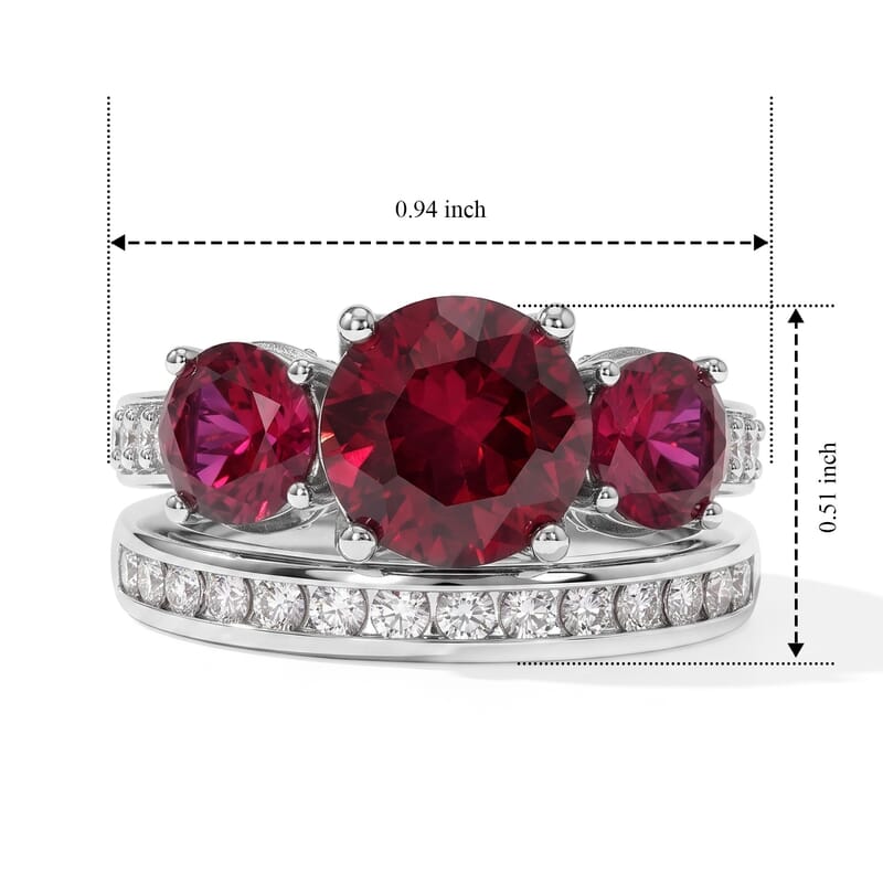 D'Joy Lab Grown Ruby and Moissanite 6.15 ctw Set of 2 Ring in Rhodium Over Sterling Silver (Size 6)