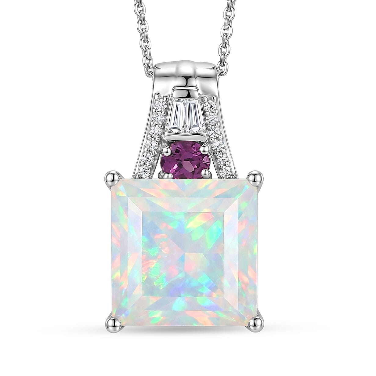 D'Joy Princess Cut AAA Ethiopian Welo Opal and Multi Gemstone 5.15 ctw Aurora Flame Pendant Necklace in Rhodium Over Sterling Silver 20 Inches