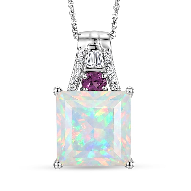 D'Joy Princess Cut AAA Ethiopian Welo Opal and Multi Gemstone 5.15 ctw Aurora Flame Pendant Necklace in Rhodium Over Sterling Silver 20 Inches