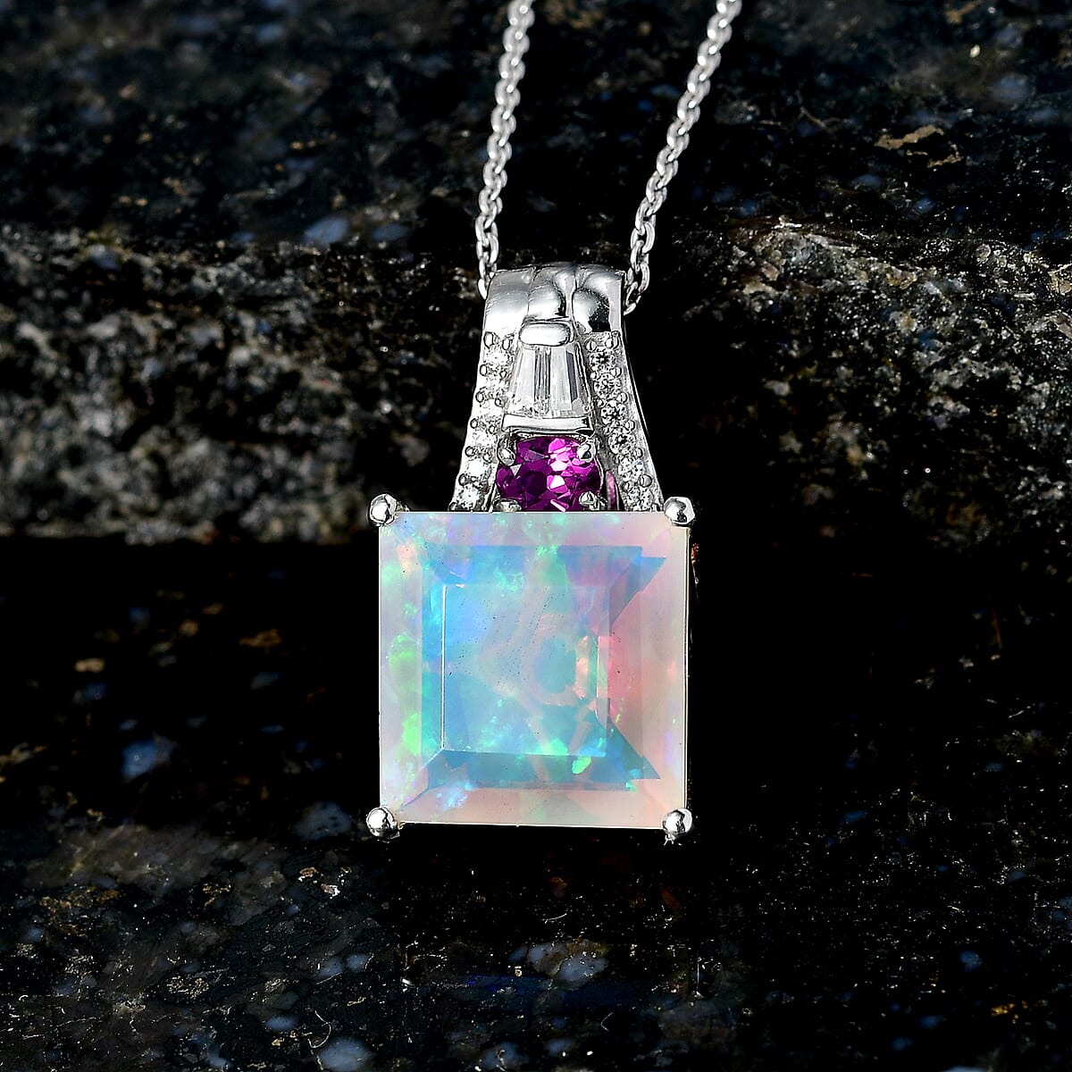 D'Joy Princess Cut AAA Ethiopian Welo Opal and Multi Gemstone 5.15 ctw Aurora Flame Pendant Necklace in Rhodium Over Sterling Silver 20 Inches image number 1