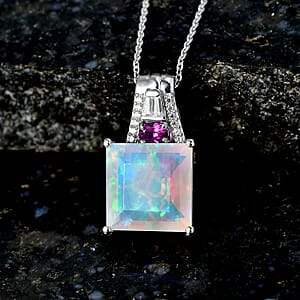 D'Joy Princess Cut AAA Ethiopian Welo Opal and Multi Gemstone 5.15 ctw Aurora Flame Pendant Necklace in Rhodium Over Sterling Silver 20 Inches