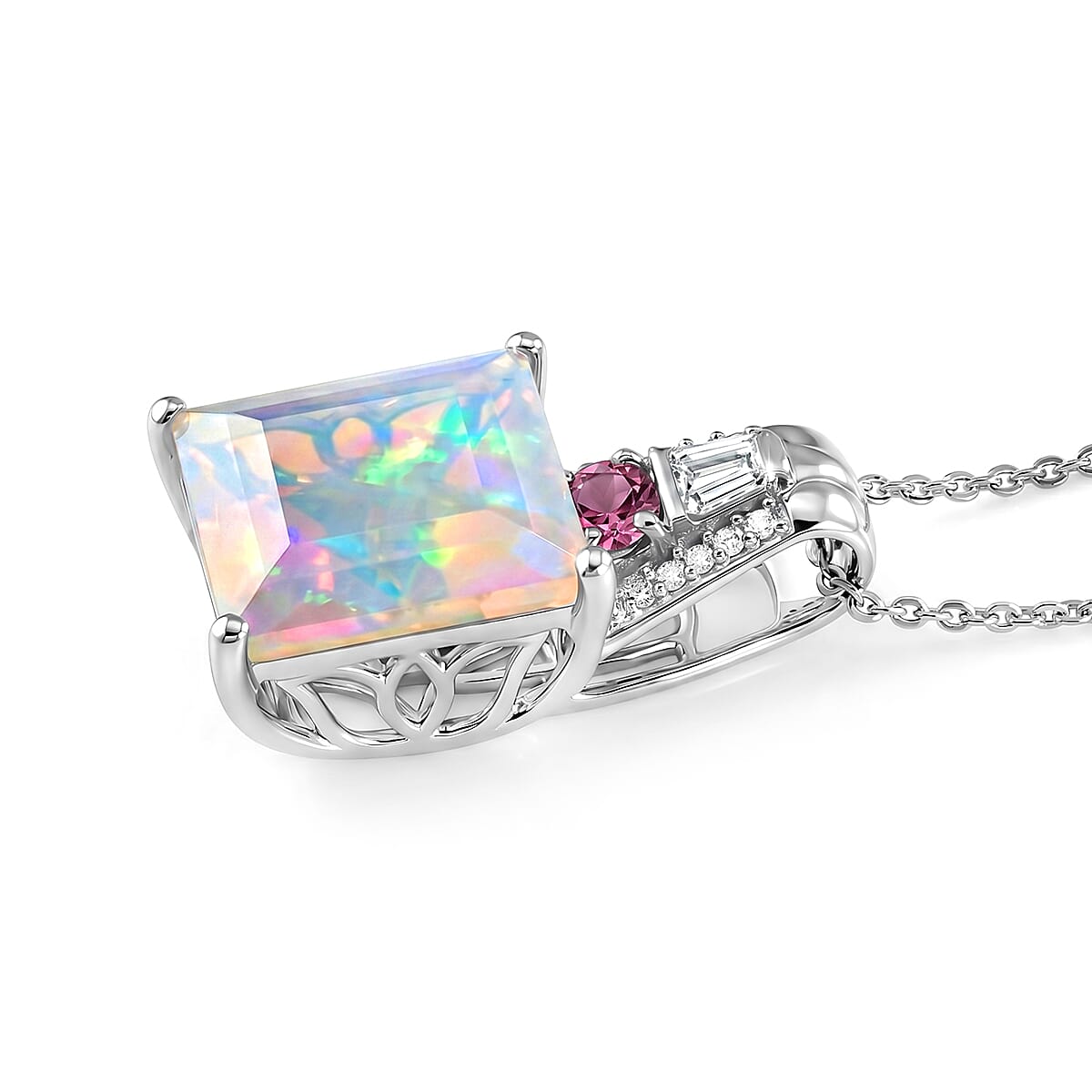 D'Joy Princess Cut AAA Ethiopian Welo Opal and Multi Gemstone 5.15 ctw Aurora Flame Pendant Necklace in Rhodium Over Sterling Silver 20 Inches