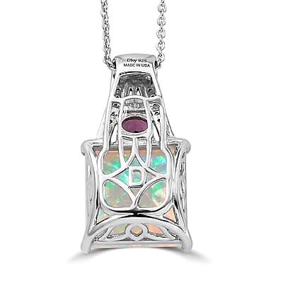 D'Joy Princess Cut AAA Ethiopian Welo Opal and Multi Gemstone 5.15 ctw Aurora Flame Pendant Necklace in Rhodium Over Sterling Silver 20 Inches