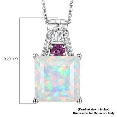 D'Joy Princess Cut AAA Ethiopian Welo Opal and Multi Gemstone 5.15 ctw Aurora Flame Pendant Necklace in Rhodium Over Sterling Silver 20 Inches