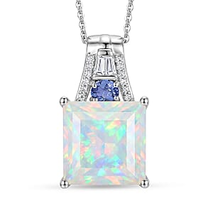 D'Joy Princess Cut AAA Ethiopian Welo Opal and Multi Gemstone 4.50 ctw Aurora Flame Pendant Necklace in Rhodium Over Sterling Silver 20 Inches