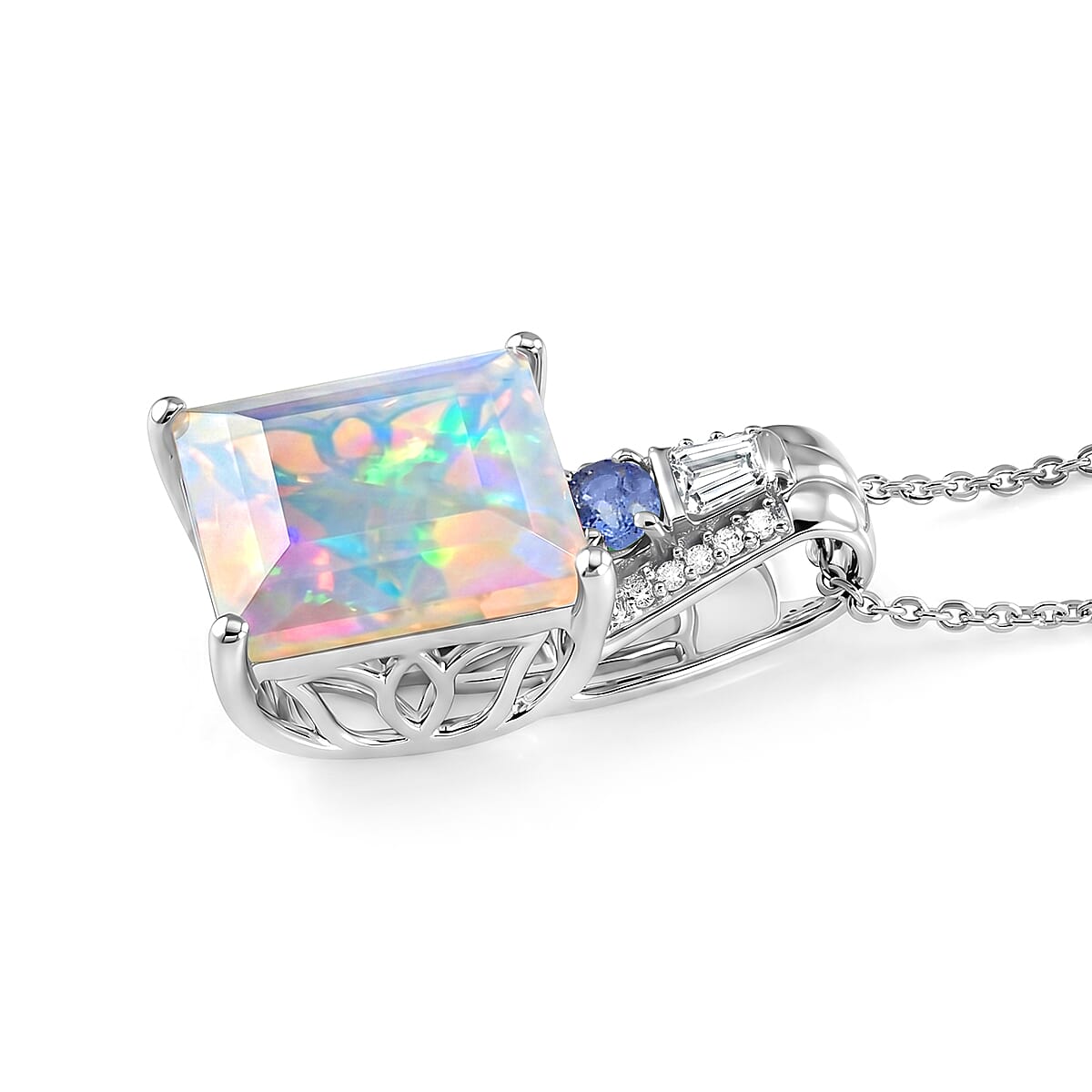 D'Joy Princess Cut AAA Ethiopian Welo Opal and Multi Gemstone 4.50 ctw Aurora Flame Pendant Necklace in Rhodium Over Sterling Silver 20 Inches image number 3