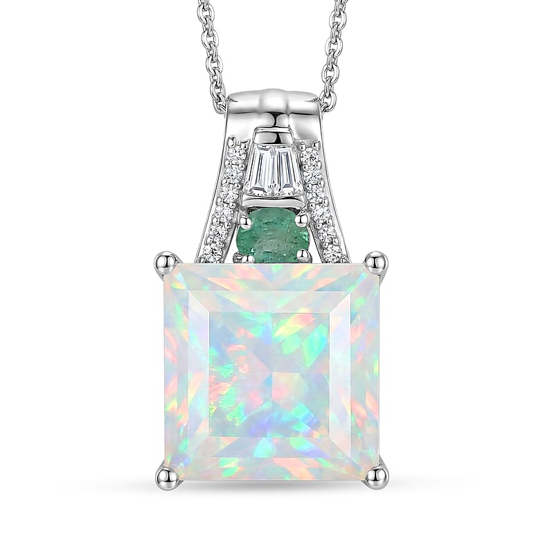 D'Joy Princess Cut AAA Ethiopian Welo Opal and Multi Gemstone 5.00 ctw Aurora Flame Pendant Necklace in Rhodium Over Sterling Silver 20 Inches