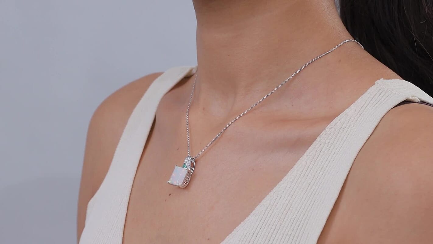 D'Joy Princess Cut AAA Ethiopian Welo Opal, Multi Gemstone Pendant Necklace (20 Inches) in Rhodium Over Sterling Silver 5.15 ctw