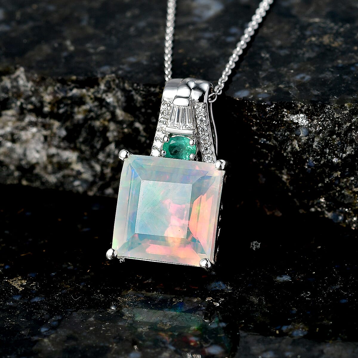 D'Joy Princess Cut AAA Ethiopian Welo Opal and Multi Gemstone 5.00 ctw Aurora Flame Pendant Necklace in Rhodium Over Sterling Silver 20 Inches image number 1