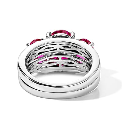 D'Joy Lab Grown Pink Sapphire and Moissanite 8.20 ctw Set of 2 Ring in Rhodium Over Sterling Silver (Size 6.00)