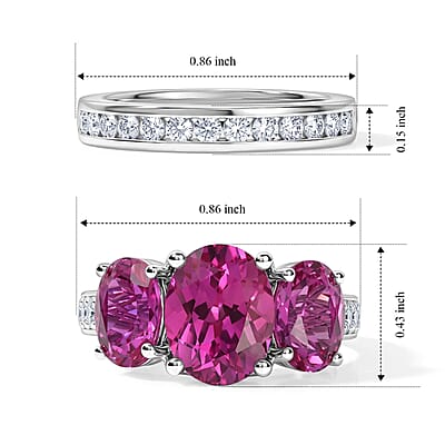 D'Joy Lab Grown Pink Sapphire and Moissanite 8.20 ctw Set of 2 Ring in Rhodium Over Sterling Silver (Size 6.00)