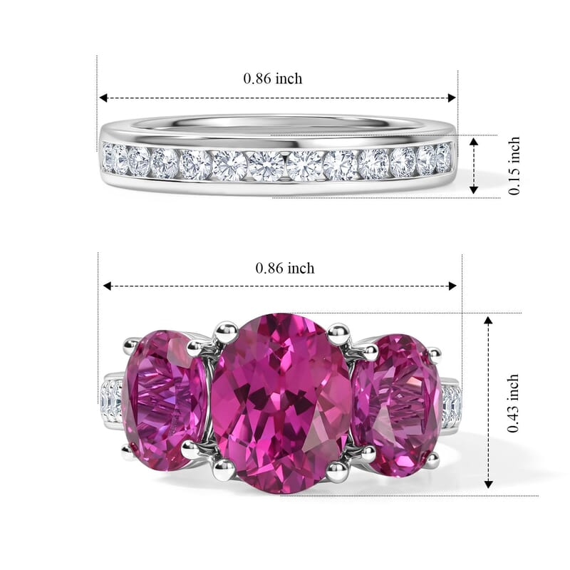 D'Joy Lab Grown Pink Sapphire and Moissanite 8.20 ctw Set of 2 Ring in Rhodium Over Sterling Silver (Size 6.00)