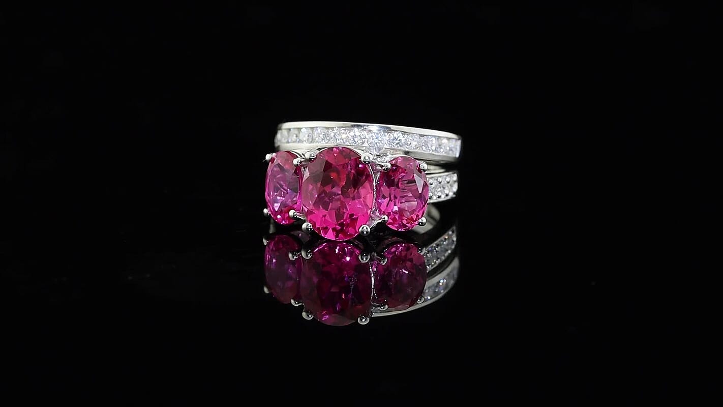 D''Joy Lab Grown Pink Sapphire and Moissanite 8.20 ctw Set of 2 Ring in Rhodium Over Sterling Silver (Size 6.00)
