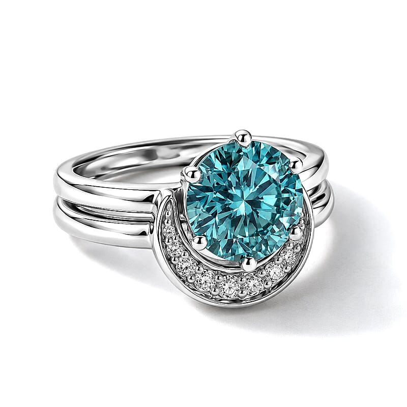 D'Joy Blue and White Moissanite 1.85 ctw Solitaire Set of 2 Ring in Rhodium Over Sterling Silver (Size 6.00)