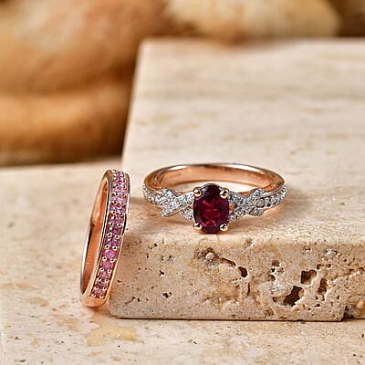 D'Joy Premium Radiant Ember Garnet and Multi Gemstone 1.50 ctw Solitaire Set of 2 Ring in 18K Vermeil Rose Gold Over Sterling Silver (Size 6.00)