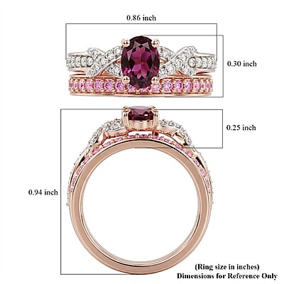 D'Joy Premium Radiant Ember Garnet and Multi Gemstone 1.50 ctw Solitaire Set of 2 Ring in 18K Vermeil Rose Gold Over Sterling Silver (Size 6.00)