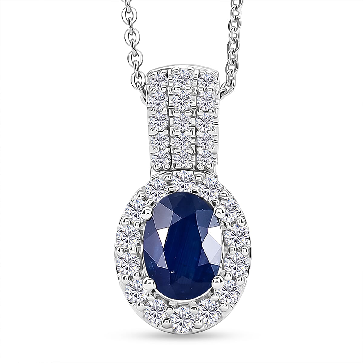 D'Joy Premium Kanchanaburi Blue Sapphire and Moissanite 1.50 ctw Pendant Necklace in Rhodium Over Sterling Silver 18 Inches