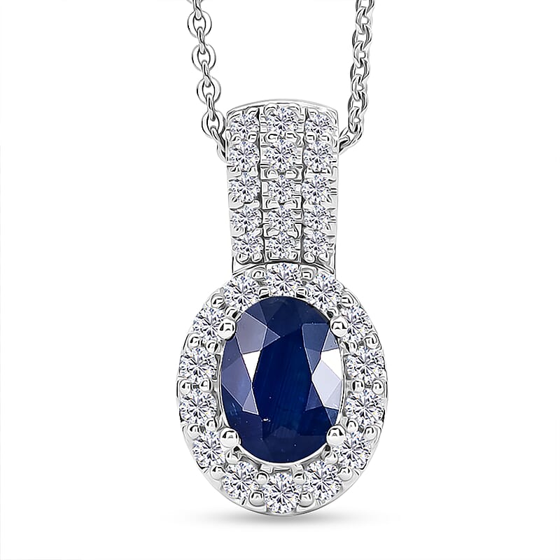 D'Joy Premium Kanchanaburi Blue Sapphire and Moissanite 1.50 ctw Pendant Necklace in Rhodium Over Sterling Silver 18 Inches