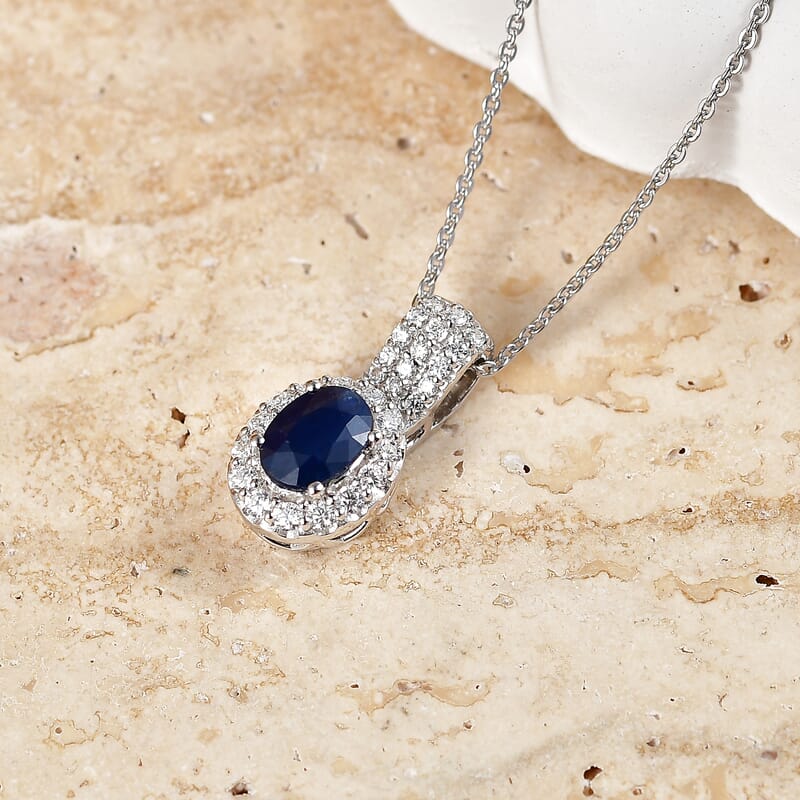 D'Joy Premium Kanchanaburi Blue Sapphire and Moissanite 1.50 ctw Pendant Necklace in Rhodium Over Sterling Silver 18 Inches