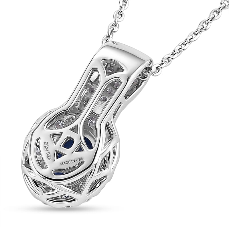 D'Joy Premium Kanchanaburi Blue Sapphire and Moissanite 1.50 ctw Pendant Necklace in Rhodium Over Sterling Silver 18 Inches