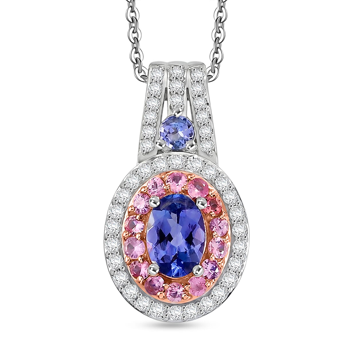 D'Joy Tanzanite and Multi Gemstone 1.70 ctw Crown Bloom Pendant Necklace in Rhodium Over Sterling Silver 20 Inches