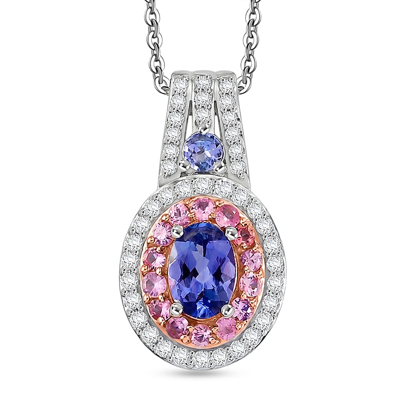 D'Joy Tanzanite and Multi Gemstone 1.70 ctw Crown Bloom Pendant Necklace in Rhodium Over Sterling Silver 20 Inches