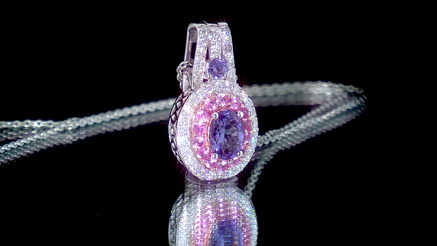 D'Joy Tanzanite, Multi Gemstone Pendant Necklace (20 Inches) in Rhodium Over Sterling Silver 1.70 ctw