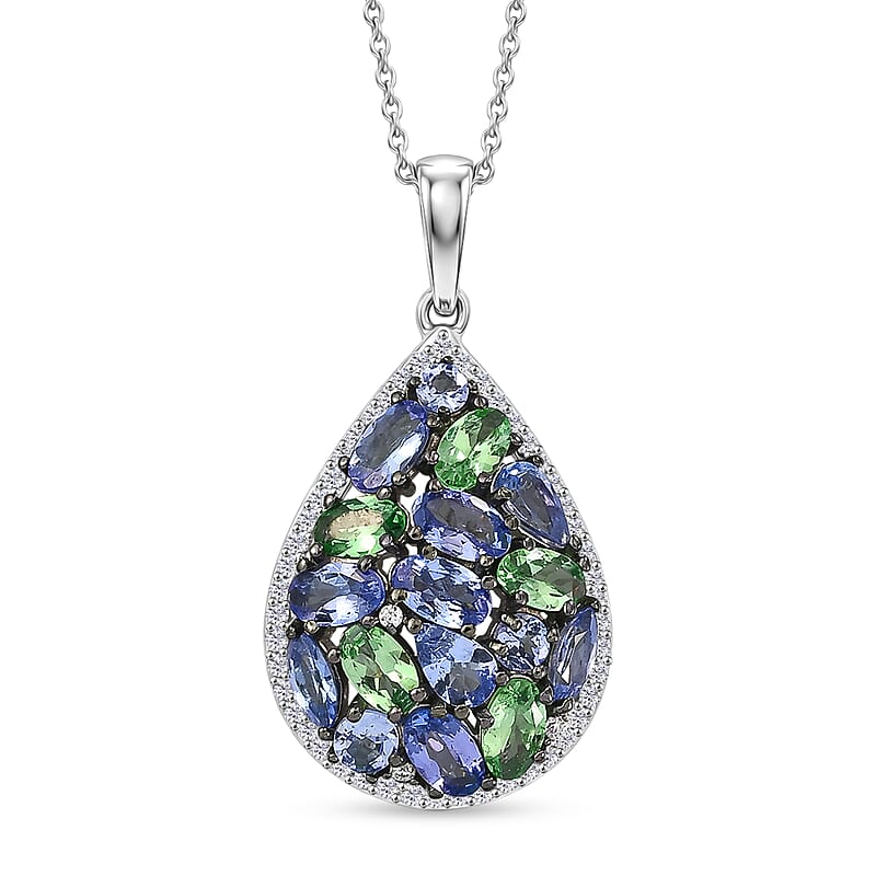 D'Joy Tanzanite and Multi Gemstone 3.50 ctw Majestic Mosaic Pendant Necklace in Rhodium Over Sterling Silver 20 Inches