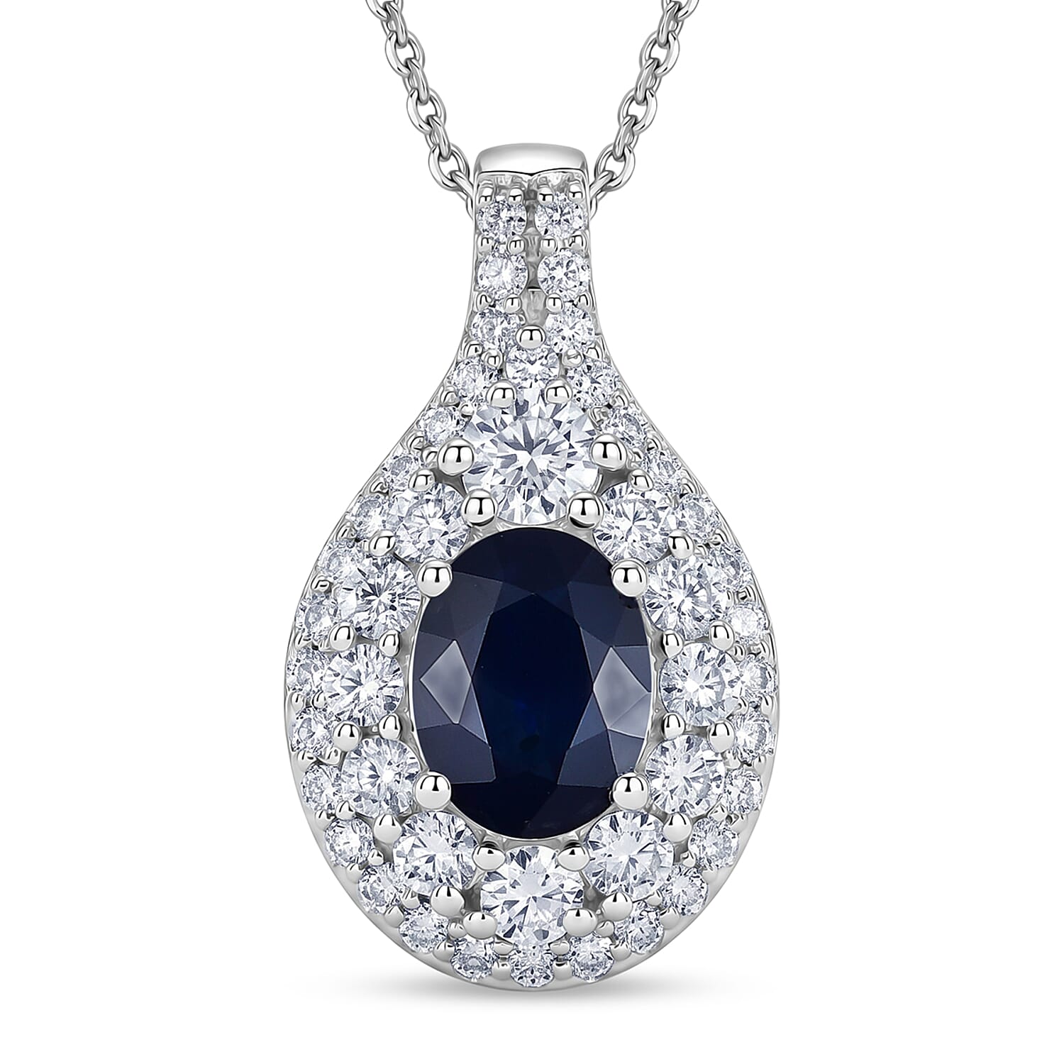 D'Joy Premium Kanchanaburi Blue Sapphire and Moissanite 2.20 ctw Pendant Necklace in Rhodium Over Sterling Silver 18 Inches