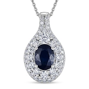D'Joy Premium Kanchanaburi Blue Sapphire and Moissanite 2.20 ctw Pendant Necklace in Rhodium Over Sterling Silver 18 Inches 