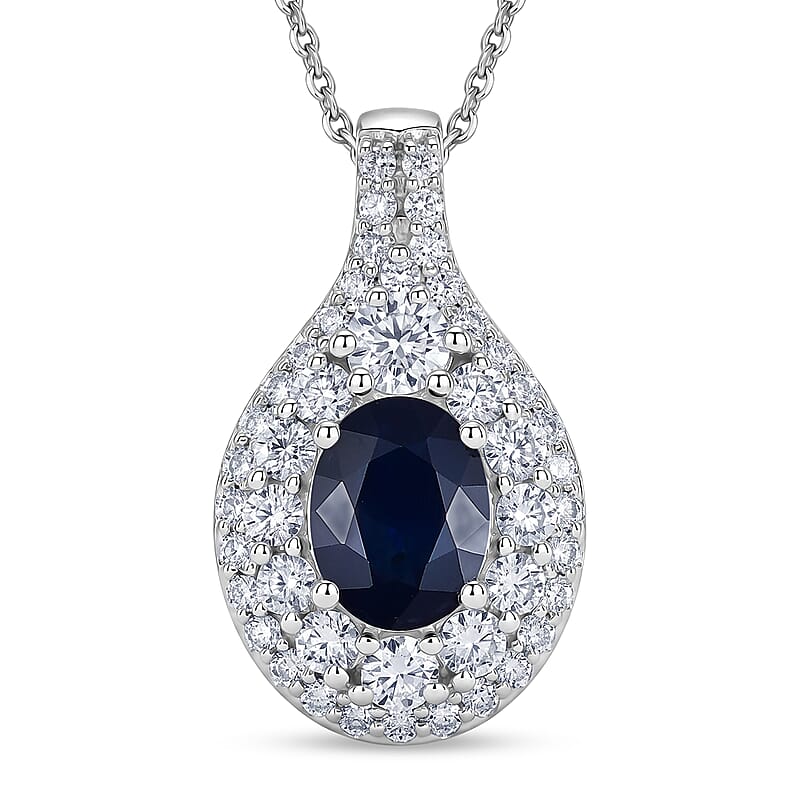 D'Joy Premium Kanchanaburi Blue Sapphire and Moissanite 2.20 ctw Pendant Necklace in Rhodium Over Sterling Silver 18 Inches