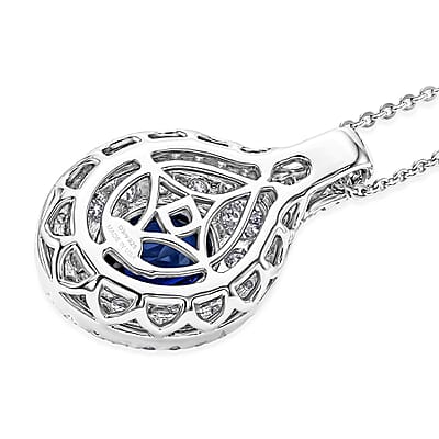 D'Joy Premium Kanchanaburi Blue Sapphire and Moissanite 2.20 ctw Pendant Necklace in Rhodium Over Sterling Silver 18 Inches