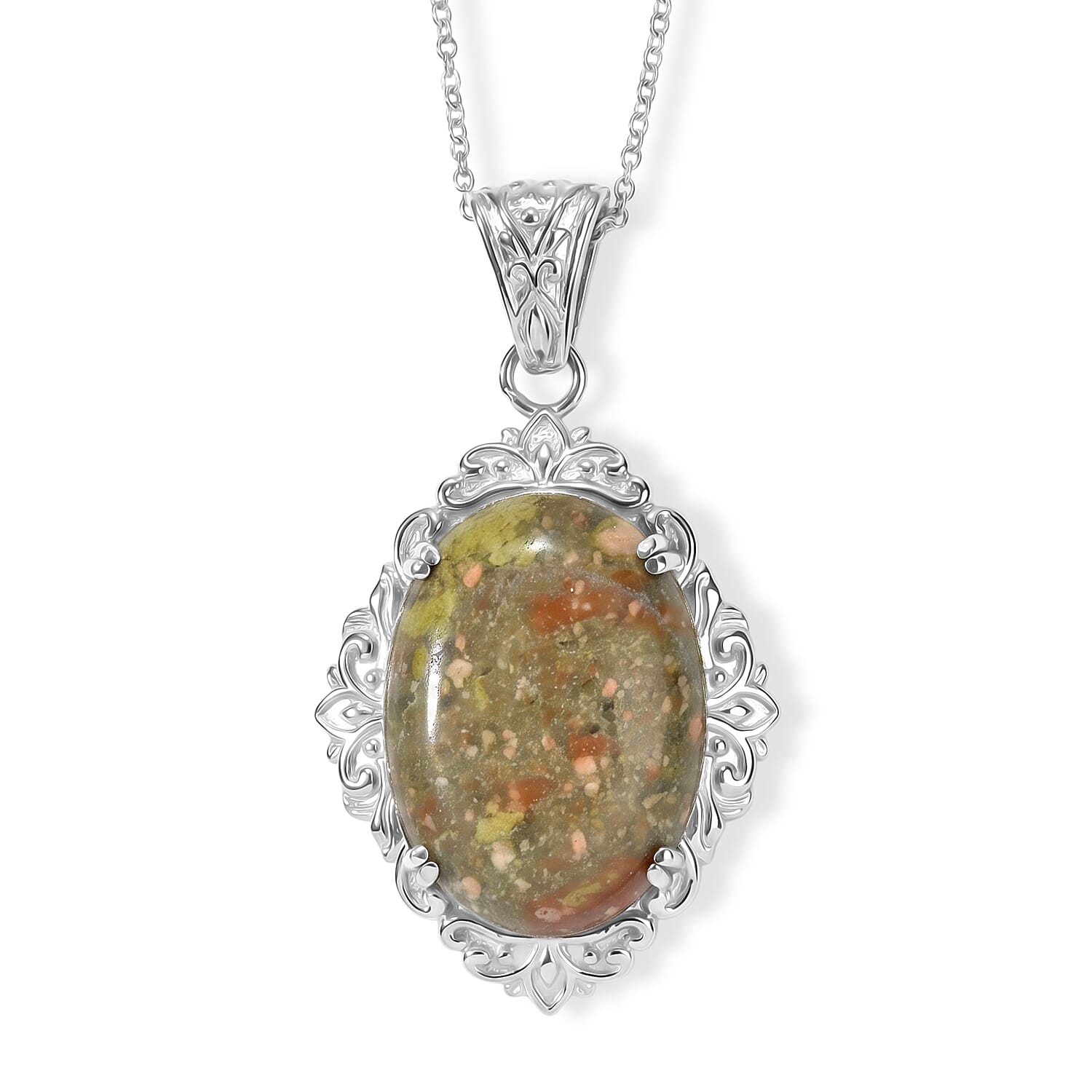 EverTrue Unakite 40.80 ctw Pendant Necklace (20 Inches) in Stainless Steel