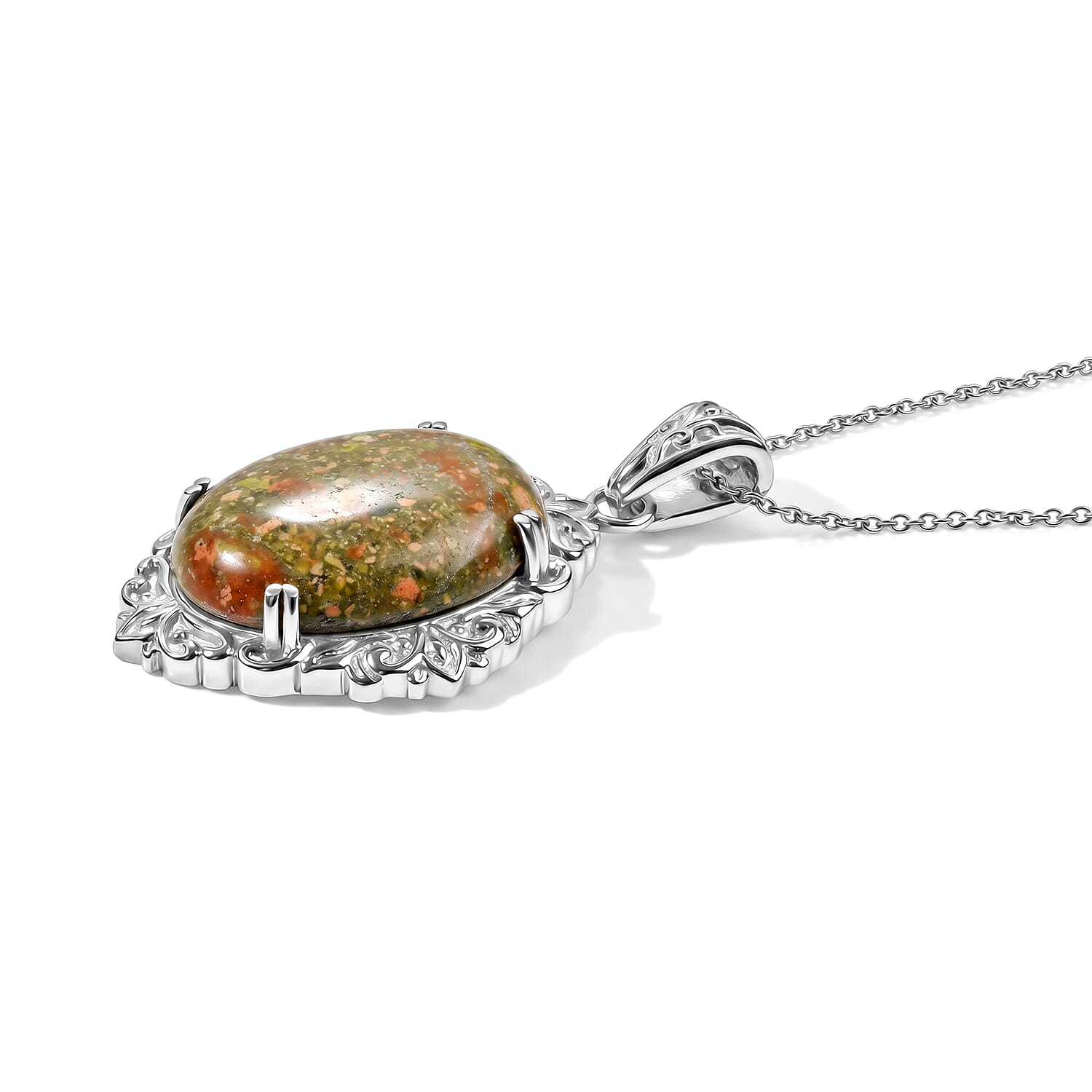 EverTrue Unakite 40.80 ctw Pendant Necklace (20 Inches) in Stainless Steel