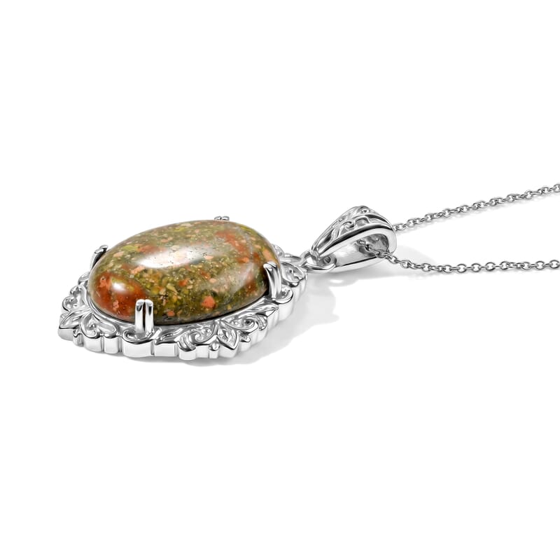 EverTrue Unakite 40.80 ctw Pendant Necklace (20 Inches) in Stainless Steel
