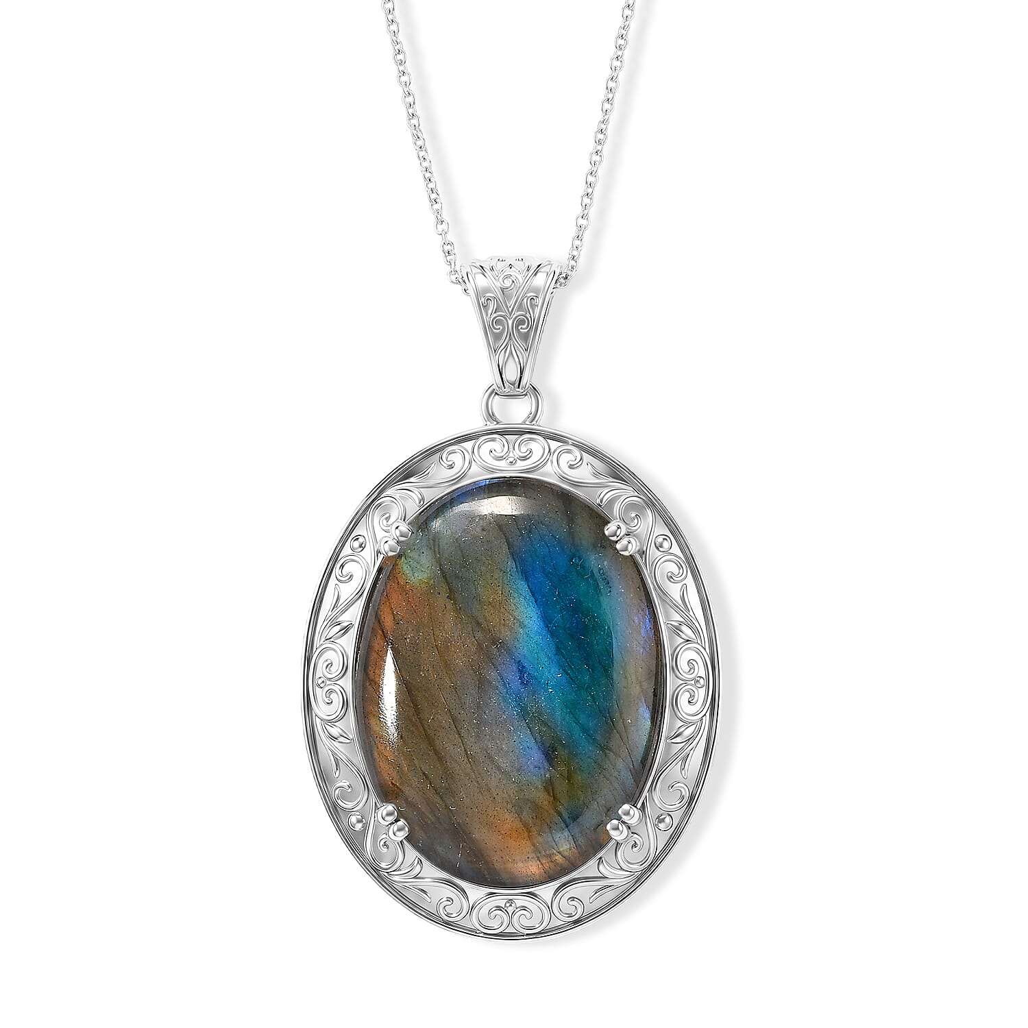EverTrue Malagasy Labradorite 69.60 ctw Pendant Necklace in Stainless Steel 20 Inches