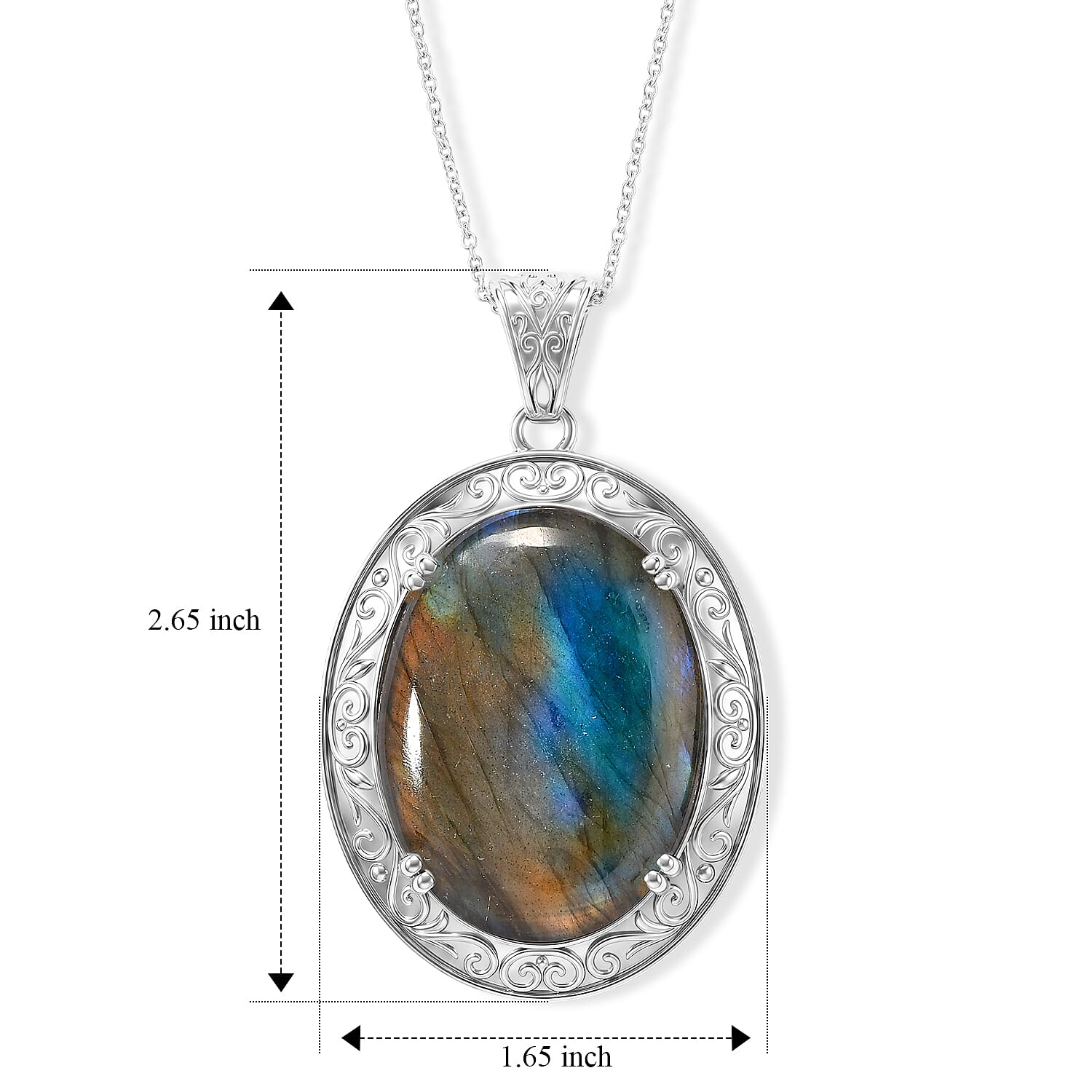EverTrue Malagasy Labradorite 69.60 ctw Pendant Necklace in Stainless Steel 20 Inches
