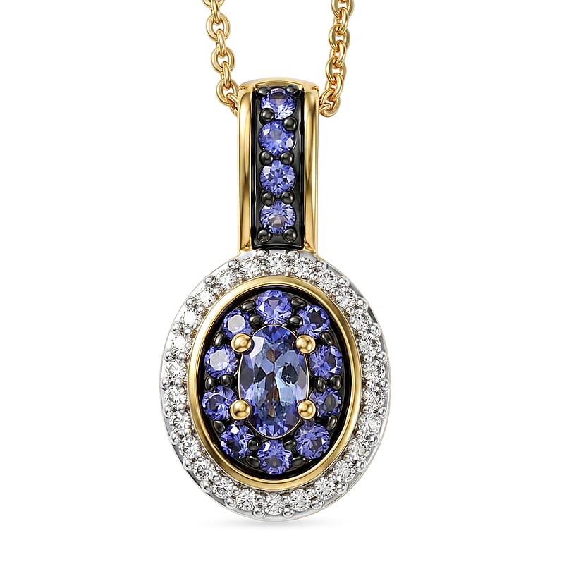D'Joy Tanzanite and White Zircon 0.70 ctw Twilight Halo Pendant Necklace in 18K Vermeil Yellow Gold Over Sterling Silver 20 Inches
