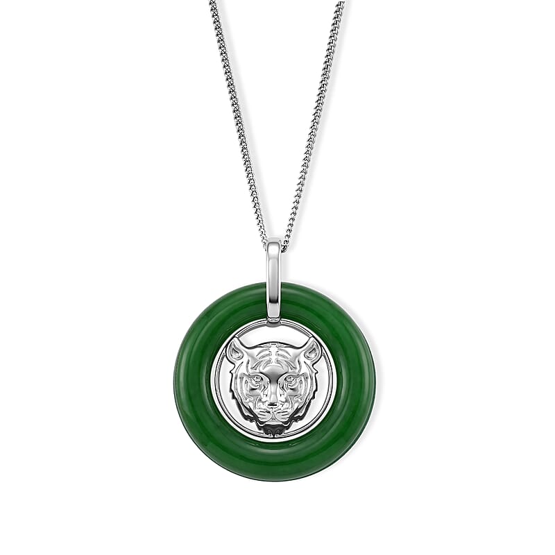 D'Joy Green Jade (D) 21.00 ctw Lion Heart Engraved Pendant Necklace (18 Inches) in Rhodium Over Sterling Silver