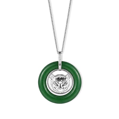 D'Joy Green Jade (D) 21.00 ctw Lion Heart Engraved Pendant Necklace (18 Inches) in Rhodium Over Sterling Silver
