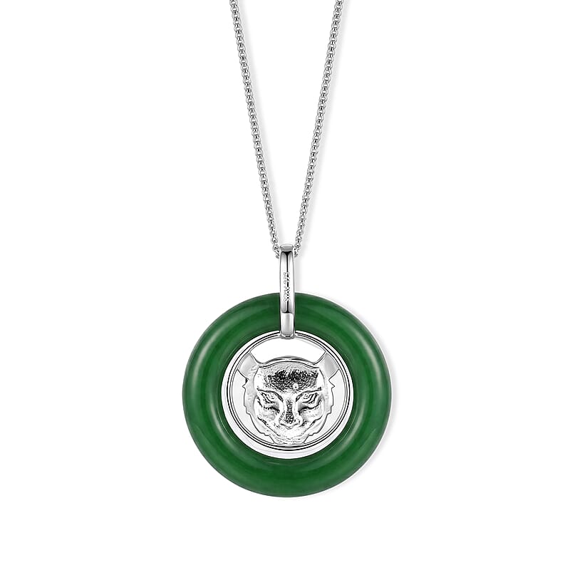 D'Joy Green Jade (D) 21.00 ctw Lion Heart Engraved Pendant Necklace (18 Inches) in Rhodium Over Sterling Silver