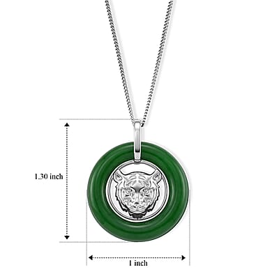 D'Joy Green Jade (D) 21.00 ctw Lion Heart Engraved Pendant Necklace (18 Inches) in Rhodium Over Sterling Silver